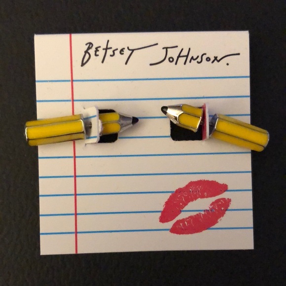 Betsey Johnson Silver Tone & Yellow Pencil Front Back Earrings NWT - Picture 1 of 10